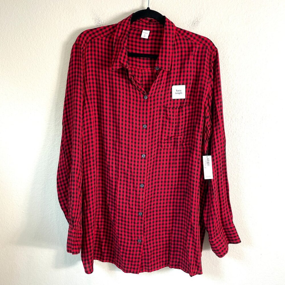 NEW $34 Old Navy Womens XL Red Black Gingham Tunic Top‎ Long Sleeve Shirt